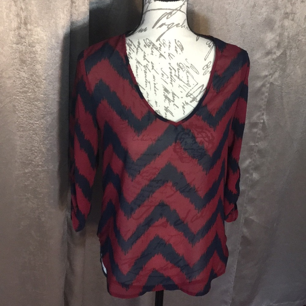 Sheer Navy & Crimson Chevron Pattern Top, small Boho Layering 3/4 Sleeve EUC